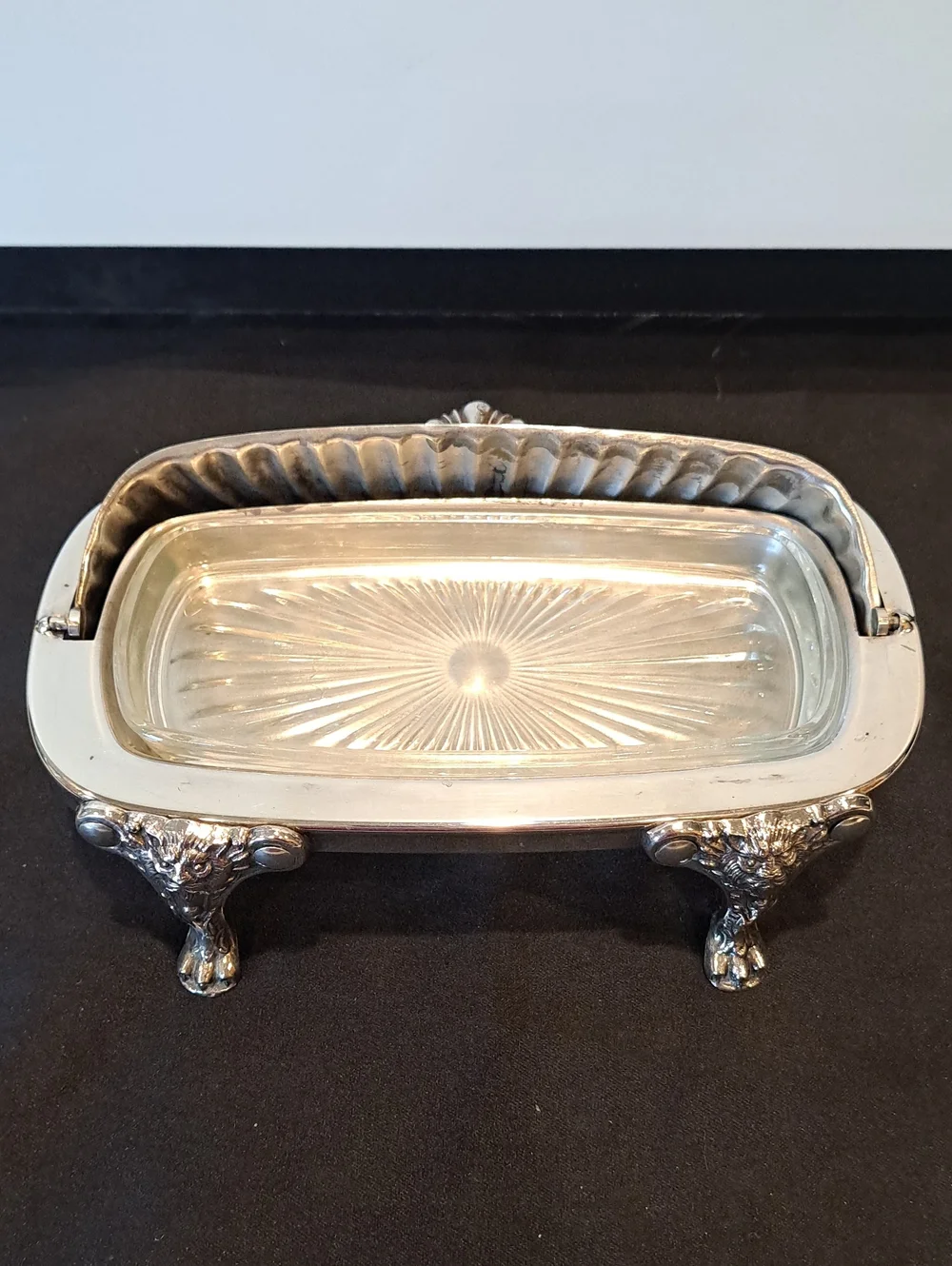 Vtg MCM Victorian Roll-Top Silver-Plated Butter Dis W/Glass Insert. VG Cond.